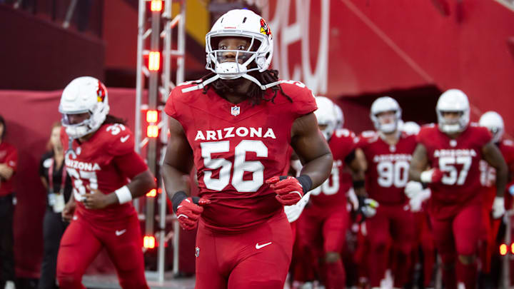 Aug 10, 2024; Glendale, Arizona, USA; Arizona Cardinals defensive end Darius Robinson (56) against the New Orleans Saints during a preseason NFL game at State Farm Stadium. Mandatory Credit: Mark J. Rebilas-Imagn Images
Aug 10, 2024; Glendale, Arizona, USA; Arizona Cardinals defensive end Darius Robinson (56) against the New Orleans Saints during a preseason NFL game at State Farm Stadium. Mandatory Credit: Mark J. Rebilas-Imagn Images