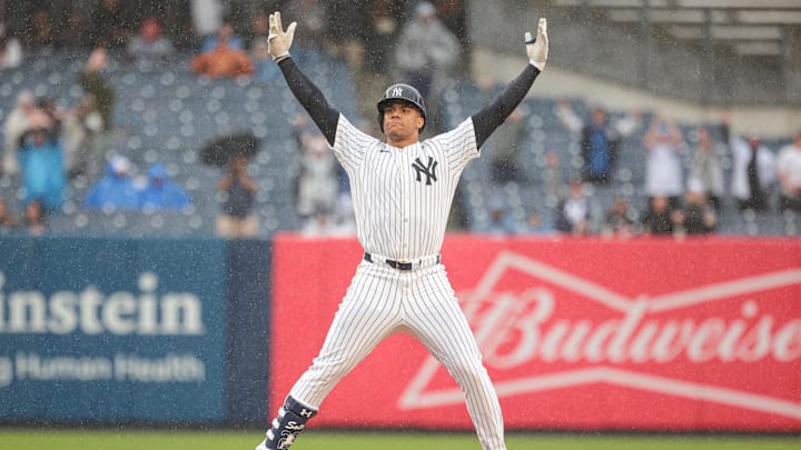 May 5, 2024; Bronx, New York, USA; New York Yankees right fielder Juan Soto (22) reacts after his