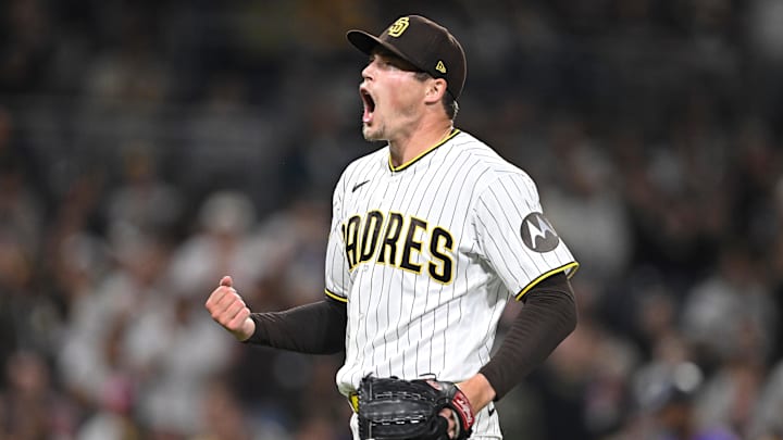 Apr 9, 2026; San Diego, California, USA; San Diego Padres relief pitcher Mason Miller (22) reacts after pitching in the ninth inning against the Colorado Rockies at Petco Park. Mandatory Credit: Denis Poroy-Imagn Images