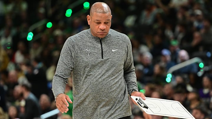 Milwaukee Bucks head coach Doc Rivers calls a timeout in the fourth quarter against the Indiana Pacers in Game 4.