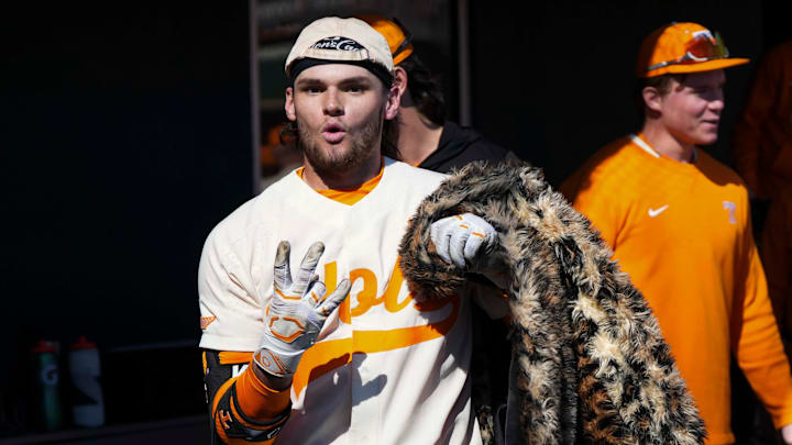 Tennessee infielder Gavin Kilen (6) celebrates after hitting a home run during a Tennessee baseball game against Samford at Lindsey Nelson Stadium at the University of Tennessee on Sunday, February 23, 2025.
