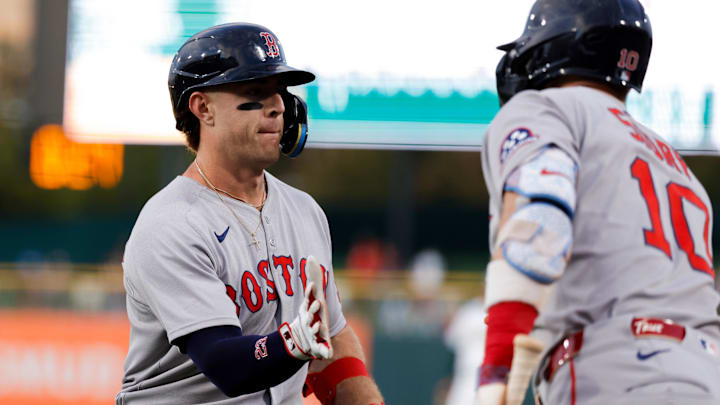 Sep 9, 2025; West Sacramento, California, USA; Boston Red Sox first baseman Romy Gonzalez (23) celebrates with shortstop Trevor Story (10) after hitting a solo home run during the first inning against the Athletics at Sutter Health Park. Mandatory Credit: Sergio Estrada-Imagn Images
