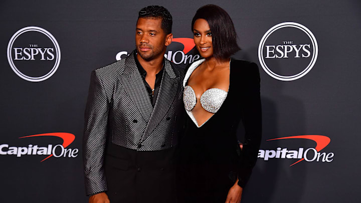 Los Angeles, CA, USA; Denver Broncos quarterback Russell Wilson and recording artist Ciara arrive at the Red Carpet for the 2022 ESPY at Dolby Theater. 