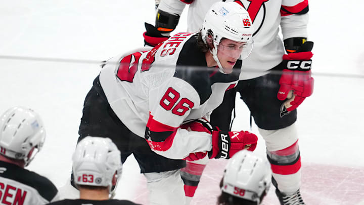 New Jersey Devils center Jack Hughes (86). Mandatory Credit: Stephen R. Sylvanie-Imagn Images