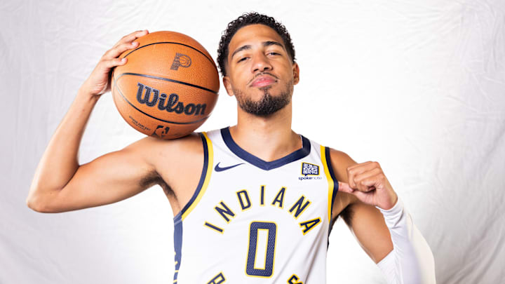 Sep 30, 2024; Indianapolis, IN, USA;  Indiana Pacers guard Tyrese Haliburton (0) poses for a photo during 2024 Media day.  Mandatory Credit: Trevor Ruszkowski-Imagn Images