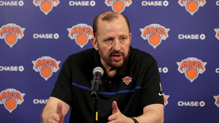 New York Knicks head coach Tom Thibodeau speaks during a media day press conference at the MSG training facility.