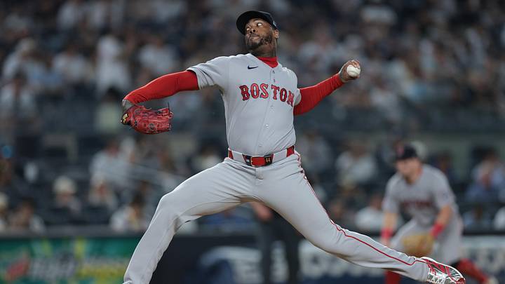 Jun 5, 2026; Bronx, New York, USA; Boston Red Sox pitcher Aroldis Chapman (44) delivers a pitch during the ninth inning against the New York Yankees at Yankee Stadium. Mandatory Credit: Vincent Carchietta-Imagn Images Jun 5, 2026; Bronx, New York, USA; Boston Red Sox pitcher Aroldis Chapman (44) delivers a pitch during the ninth inning against the New York Yankees at Yankee Stadium. Mandatory Credit: Vincent Carchietta-Imagn Images