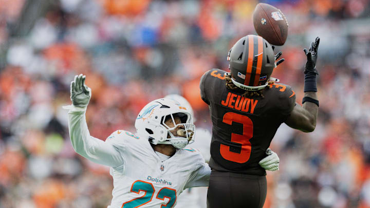 Miami Dolphins cornerback Jack Jones (23) breaks up a pass intended for Cleveland Browns wide receiver Jerry Jeudy (3) during the fourth quarter at Huntington Bank Field. Miami Dolphins cornerback Jack Jones (23) breaks up a pass intended for Cleveland Browns wide receiver Jerry Jeudy (3) during the fourth quarter at Huntington Bank Field.