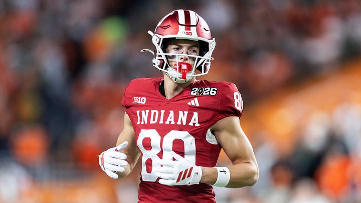 Jan 19, 2026; Miami Gardens, FL, USA; Indiana Hoosiers wide receiver Charlie Becker (80) against the Miami Hurricanes in the College Football Playoff National Championship game at Hard Rock Stadium. Mandatory Credit: Mark J. Rebilas-Imagn Images Jan 19, 2026; Miami Gardens, FL, USA; Indiana Hoosiers wide receiver Charlie Becker (80) against the Miami Hurricanes in the College Football Playoff National Championship game at Hard Rock Stadium. Mandatory Credit: Mark J. Rebilas-Imagn Images