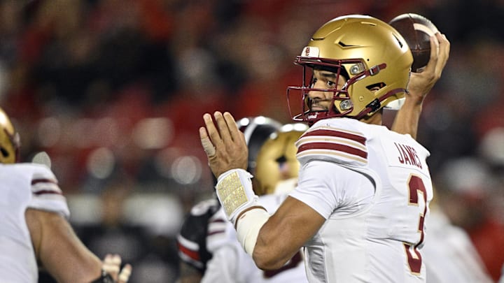 Oct 25, 2025; Louisville, Kentucky, USA;  Boston College Eagles quarterback Grayson James (3) looks to pass against the Louisville Cardinals during the second half at L&N Federal Credit Union Stadium. Mandatory Credit: Jamie Rhodes-Imagn Images