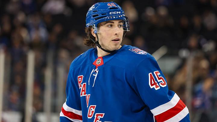 Apr 5, 2026; New York, New York, USA; New York Rangers defenseman Drew Fortescue (45) skates against the Washington Capitals during the second period at Madison Square Garden.