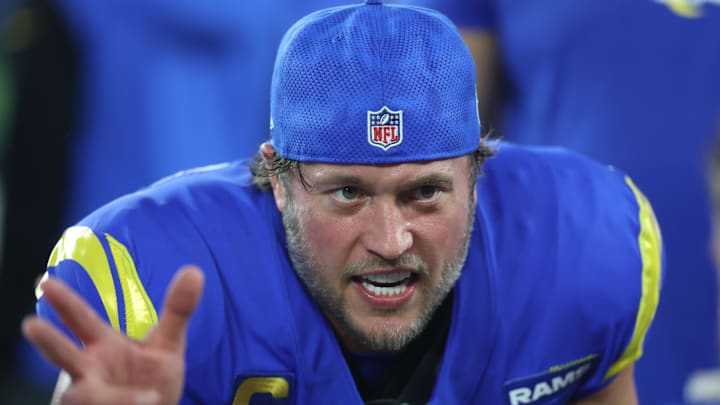 Jan 13, 2025; Glendale, AZ, USA; Los Angeles Rams quarterback Matthew Stafford (9) reacts during the first half in an NFC wild card game at State Farm Stadium. Mandatory Credit: Mark J. Rebilas-Imagn Images Jan 13, 2025; Glendale, AZ, USA; Los Angeles Rams quarterback Matthew Stafford (9) reacts during the first half in an NFC wild card game at State Farm Stadium. Mandatory Credit: Mark J. Rebilas-Imagn Images