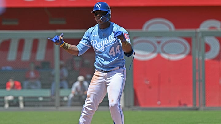 May 18, 2025; Kansas City, Missouri, USA; Kansas City Royals center fielder Dairon Blanco (44) reacts after hitting an RBI double in the fourth inning against the St. Louis Cardinals at Kauffman Stadium. May 18, 2025; Kansas City, Missouri, USA; Kansas City Royals center fielder Dairon Blanco (44) reacts after hitting an RBI double in the fourth inning against the St. Louis Cardinals at Kauffman Stadium.