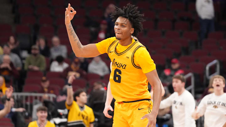 Mar 11, 2026; Chicago, IL, USA; Iowa Hawkeyes guard Tavion Banks (6) celebrates his three point basket against the Maryland Terrapins during the second half at United Center. Mandatory Credit: David Banks-Imagn Images Mar 11, 2026; Chicago, IL, USA; Iowa Hawkeyes guard Tavion Banks (6) celebrates his three point basket against the Maryland Terrapins during the second half at United Center. Mandatory Credit: David Banks-Imagn Images