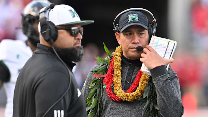 Oct 19, 2024; Pullman, Washington, USA; Hawaii Warriors head coach Timmy Chang looks on during the first half against the Washington State Cougars at Gesa Field at Martin Stadium. Mandatory Credit: James Snook-Imagn Images