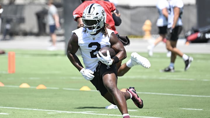 Jun 10, 2025; Henderson, NV, USA; Las Vegas Raiders running back Ashton Jeanty (2) runs through a drill during Las Vegas Raiders Minicamp at Intermountain Health Performance Center. Mandatory Credit: Candice Ward-Imagn Images
