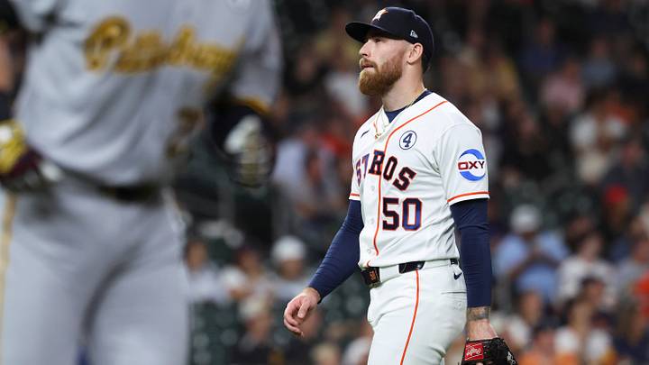 Jun 2, 2026; Houston, Texas, USA; Houston Astros starting pitcher Mike Burrows (50) walks off the field after pitching during the first inning against the Pittsburgh Pirates at Daikin Park. Mandatory Credit: Troy Taormina-Imagn Images