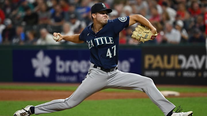 Seattle Mariners reliever Matt Brash throws during a game against the Cleveland Guardians on Sept. 3, 2022, at Progressive Field. Seattle Mariners reliever Matt Brash throws during a game against the Cleveland Guardians on Sept. 3, 2022, at Progressive Field.
