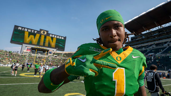 Oregon Ducks wide receiver Dakorien Moore celebrates the Ducks’ win as the Oregon Ducks host the Oklahoma State Cowboys on Sept. 6, 2025, at Autzen Stadium in Eugene, Oregon.