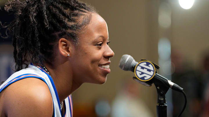 Oct 15, 2025; Birmingham, Alabama, USA; Florida player Me’Arah O’Neal speaks to reporters at SEC Media Day in the Grand Bohemian Hotel.