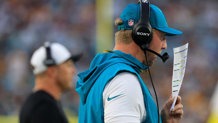 Jacksonville Jaguars head coach Liam Coen calls a play during the second quarter of an NFL preseason matchup at EverBank Stadium, Saturday, Aug. 9, 2025 in Jacksonville, Fla. [Corey Perrine/Florida Times-Union]