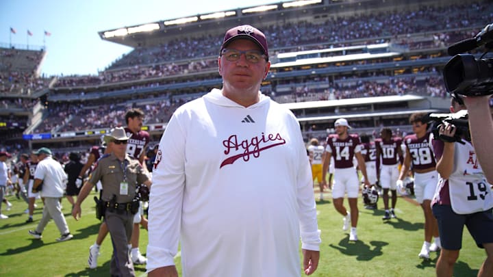 Sep 7, 2024; College Station, Texas, USA; Texas A&M Aggies head coach Mike Elko leaves the field following a 52-10 win against the McNeese State Cowboys at Kyle Field. Mandatory Credit: Dustin Safranek-Imagn Images