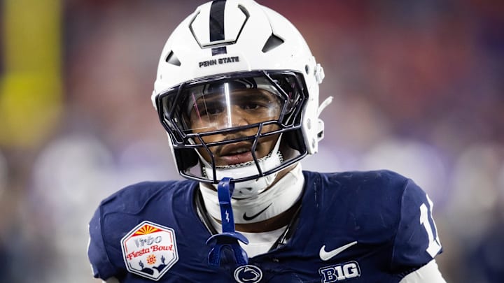 Dec 31, 2024; Glendale, AZ, USA; Penn State Nittany Lions defensive end Abdul Carter (11) against the Boise State Broncos in the Fiesta Bowl at State Farm Stadium. Mandatory Credit: Mark J. Rebilas-Imagn Images