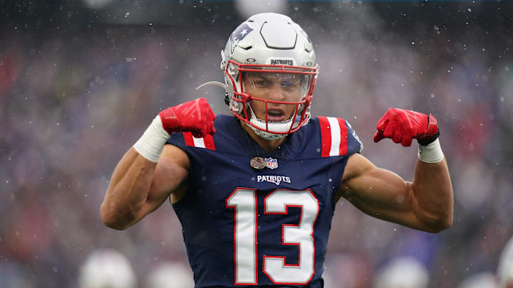 New England Patriots wide receiver Mack Hollins (13) reacts after a play against the Buffalo Bills in the first quarter at Gillette Stadium.