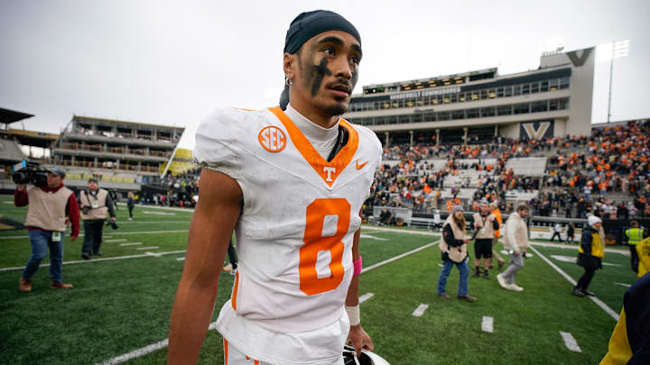 Tennessee quarterback Nico Iamaleava (8) exits the field after the game at FirstBank Stadium in Nashville, Tenn., Saturday, Nov. 30, 2024.
