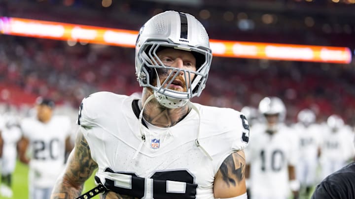 Las Vegas Raiders defensive end Maxx Crosby against the Arizona Cardinals during a preseason NFL game at State Farm Stadium. 