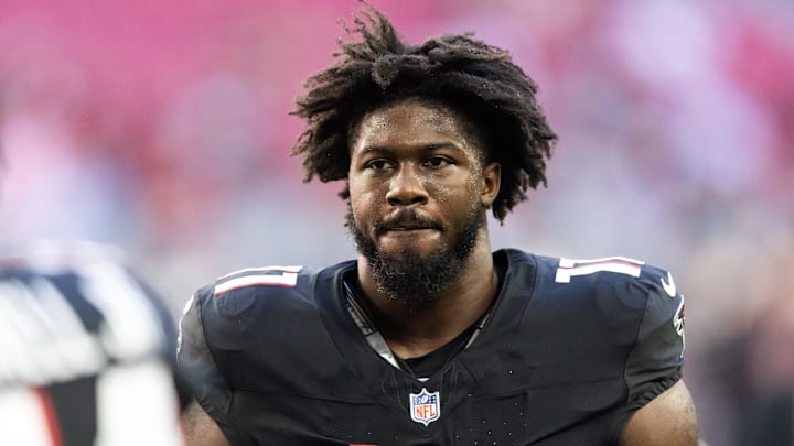 Dec 21, 2025; Glendale, Arizona, USA; Atlanta Falcons linebacker Jalon Walker (11) against the Arizona Cardinals at State Farm Stadium. Mandatory Credit: Mark J. Rebilas-Imagn Images