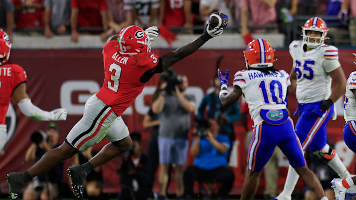 Georgia Bulldogs linebacker CJ Allen (3) breaks up a pass intended for Florida Gators wide receiver Tank Hawkins (10) during the fourth quarter of an NCAA college football matchup Saturday, Nov. 2, 2024 at EverBank Stadium in Jacksonville, Fla. The Georgia Bulldogs defeated the Florida Gators 34-20. [Corey Perrine/Florida Times-Union]