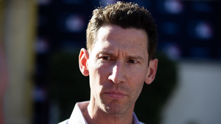Nov 7, 2023; Scottsdale, AZ, USA; Boston Red Six chief baseball officer Craig Breslow speaks to the media during the MLB General Manager's Meetings at Omni Scottsdale Resort & Spa. Mandatory Credit: Mark J. Rebilas-Imagn Images Nov 7, 2023; Scottsdale, AZ, USA; Boston Red Six chief baseball officer Craig Breslow speaks to the media during the MLB General Manager's Meetings at Omni Scottsdale Resort & Spa. Mandatory Credit: Mark J. Rebilas-Imagn Images