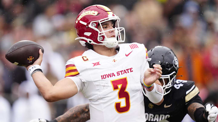 Oct 11, 2025; Boulder, Colorado, USA; Iowa State Cyclones quarterback Rocco Becht (3) prepares to pass in the second quarter against the Colorado Buffaloes at Folsom Field. 