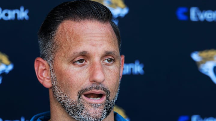 Jacksonville Jaguars defensive coordinator Anthony Campanile answers questions from the media after an NFL training camp session at the Miller Electric Center, Tuesday, July 29, 2025, in Jacksonville, Fla. [Corey Perrine/Florida Times-Union]