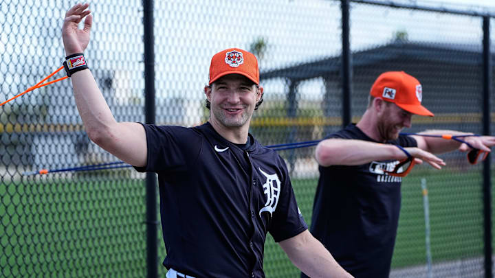 Detroit Tigers pitcher Tommy Kahnle works out during spring training at TigerTown in Lakeland, Fla. on Saturday, Feb. 15, 2025.