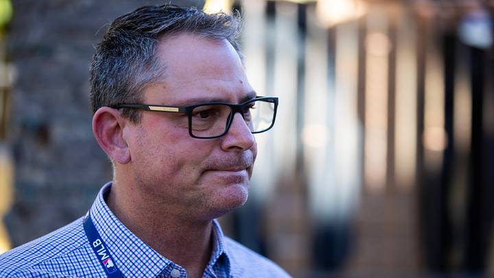 Nov 7, 2023; Scottsdale, AZ, USA; Kansas City Royals general manager J.J. Picollo speaks to the media during the MLB General Manager's Meetings at Omni Scottsdale Resort & Spa. Mandatory Credit: Mark J. Rebilas-USA TODAY Sports