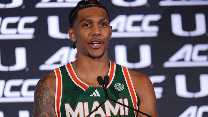 Oct 7, 2026; Charlotte, NC, USA; Miami Hurricanes Acaden Lewis (55) answers questions from the media during the ACC Tip-Off in Charlotte, NC. Mandatory Credit: Jim Dedmon-Imagn Images