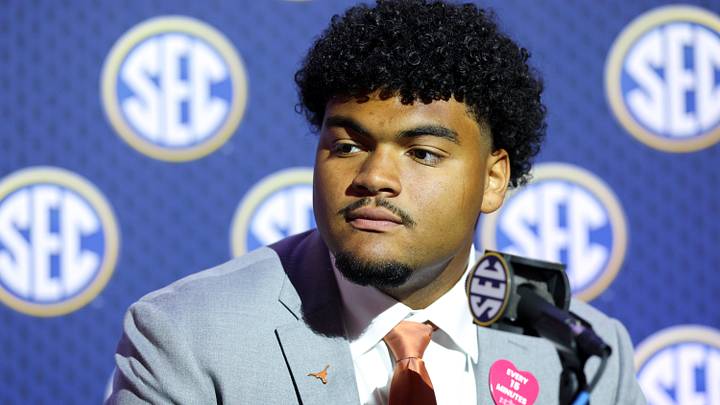Texas Longhorns offensive lineman Trevor Goosby (74) speaks to the press during SEC Football Kickoff Media Day at the Tampa Marriott. Texas Longhorns offensive lineman Trevor Goosby (74) speaks to the press during SEC Football Kickoff Media Day at the Tampa Marriott.