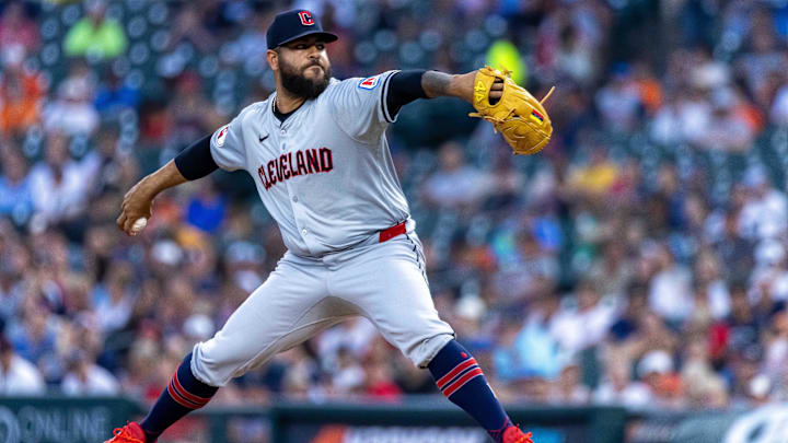 Jul 29, 2024; Detroit, Michigan, USA; Cleveland Guardians pitcher Pedro Avila (60) delivers in the eighth inning against the Detroit Tigers at Comerica Park. Mandatory Credit: David Reginek-Imagn Images