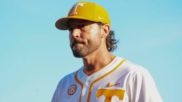 Tennessee baseball head coach Tony Vitello during a NCAA baseball game between the Tennessee Volunteers and Florida Gators at Lindsey Nelson Stadium in Knoxville, Tenn., on Friday, March 14, 2025. Tennessee baseball head coach Tony Vitello during a NCAA baseball game between the Tennessee Volunteers and Florida Gators at Lindsey Nelson Stadium in Knoxville, Tenn., on Friday, March 14, 2025.