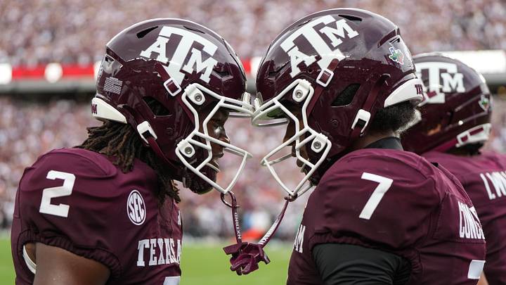 Aug 30, 2025; College Station, Texas, USA; Texas A&M Aggies wide receivers Terry Bussey (2) and KC Concepcion (7) celebrate after a touchdown in the first quarter against the UTSA Roadrunners at Kyle Field. Mandatory Credit: Sean Thomas-Imagn Images