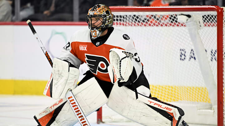Oct 16, 2025; Philadelphia, Pennsylvania, USA; Philadelphia Flyers goaltender Samuel Ersson (33) against the Winnipeg Jets at Wells Fargo Center. Mandatory Credit: Eric Hartline-Imagn Images