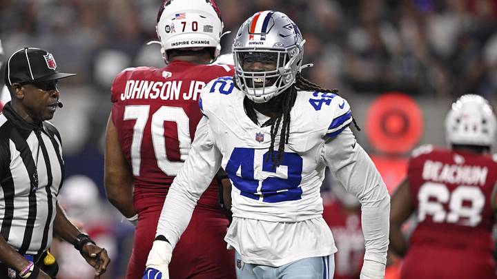 Nov 3, 2025; Arlington, Texas, USA; Dallas Cowboys defensive end Jadeveon Clowney (42) reacts after a sack against Arizona Cardinals quarterback Jacoby Brissett (7) in the first half at AT&T Stadium. Mandatory Credit: Jerome Miron-Imagn Images Nov 3, 2025; Arlington, Texas, USA; Dallas Cowboys defensive end Jadeveon Clowney (42) reacts after a sack against Arizona Cardinals quarterback Jacoby Brissett (7) in the first half at AT&T Stadium. Mandatory Credit: Jerome Miron-Imagn Images