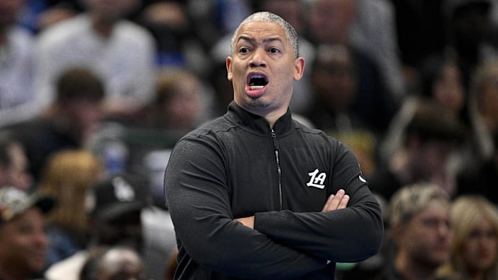 Nov 14, 2025; Dallas, Texas, USA; LA Clippers head coach Tyronn Lue yells to his team during the second quarter against the Dallas Mavericks in an NBA Cup game at the American Airlines Center. Mandatory Credit: Jerome Miron-Imagn Images