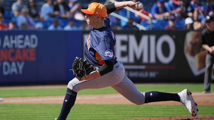 Feb 25, 2024; Port St. Lucie, Florida, USA;  Houston Astros pitcher AJ Blubaugh (69) pitches against the New York Mets in the second inning at Clover Park. 