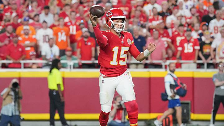 Kansas City Chiefs quarterback Patrick Mahomes (15) throws a pass against the Denver Broncos during the game at GEHA Field at Arrowhead Stadium.