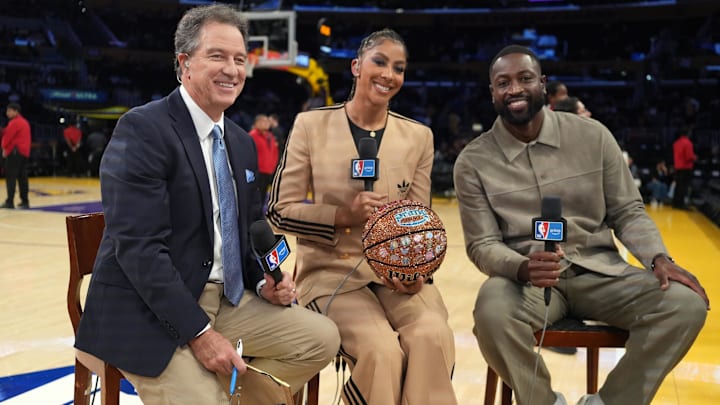 Oct 24, 2025; Los Angeles, California, USA; NBA on Prime play-by-play announcer Kevin Harlan (left) and analysts Candace Parker (center) and Dwayne Wade during the game between the Minnesota Timberwolves and the Los Angeles Lakers at Crypto.com Arena.