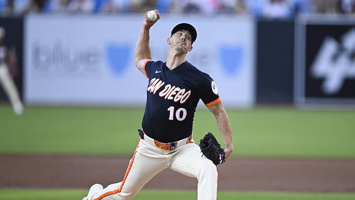 Jun 26, 2026; San Diego, California, USA; San Diego Padres pitcher Walker Buehler (10) delivers during the second inning against the Los Angeles Dodgers at Petco Park. Mandatory Credit: Denis Poroy-Imagn Images