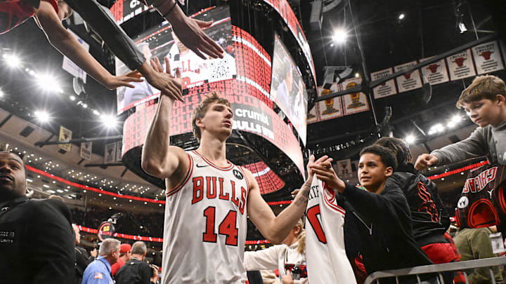 Oct 22, 2025; Chicago, Illinois, USA; Chicago Bulls forward Matas Buzelis (14) greets fans after the game against the Detroit Pistons at United Center. Mandatory Credit: Matt Marton-Imagn Images Oct 22, 2025; Chicago, Illinois, USA; Chicago Bulls forward Matas Buzelis (14) greets fans after the game against the Detroit Pistons at United Center. Mandatory Credit: Matt Marton-Imagn Images